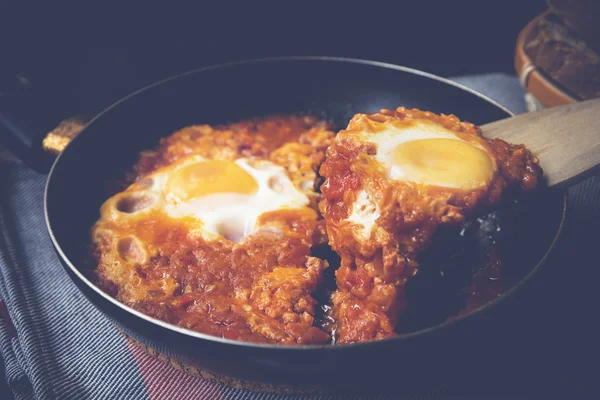 Shakshuka Eggs Dish Fried Tomatoes Hot Pepper Onions — Stock Photo, Image