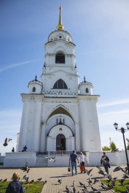 Vladimir, Rusya - 24 Ağustos 2015: Antik beyaz taş Vladimir şehir varsayım katedral. UNESCO dünya mirası, Rusya Federasyonu