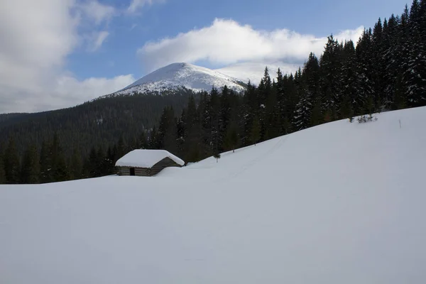 Oude Houten Huis Karpaten Winter Met Veel Sneeuw Weergave Van — Stockfoto