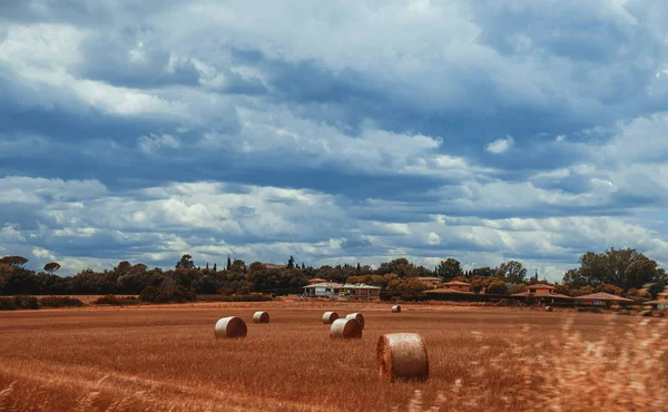 Campo em Espanha com fardos redondos de palha — Fotografia de Stock