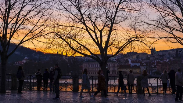 Vacker solnedgång vid floden Moldau. Prag stad, Tjeckien — Stockfoto