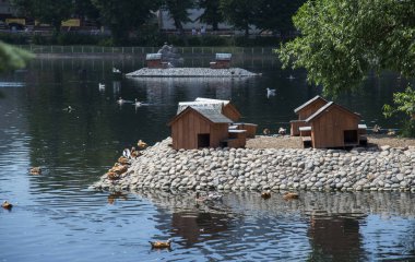 Moskova / Rusya - 26 Haziran 2016: Moskova Hayvanat Bahçesi 'ndeki gölet manzarası