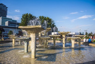 GDYNIA, POMERANIAN VOIVODESHIP / POLAND - JULY 27, 2018: Water fountain at Kosciuszko Square in Gdyni