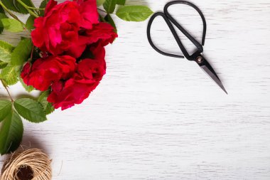 Beyaz ahşap arka plan üzerinde kırmızı gül
