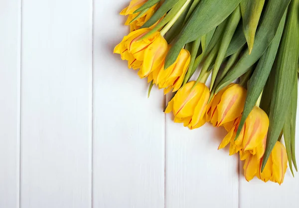 Žluté tulipány na bílém pozadí dřevěná — Stock fotografie