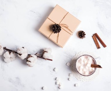 Sıcak kakao, pamuk ve mermer zemin üzerine giftbox dalı