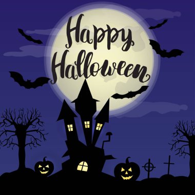 Cadılar Bayramı kartı ay, eski ev ve ağaçlar ile.