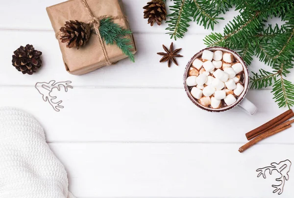 Sıcak kakao, çam dalları ve örme kazak üzerine beyaz backgro