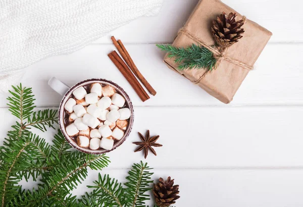 Větve jedle, horké kakao a vánoční dárek na bílé poz — Stock fotografie