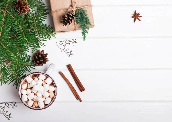 Horká čokoláda, větve jedle a vánoční dárek na bílém poz — Stock fotografie