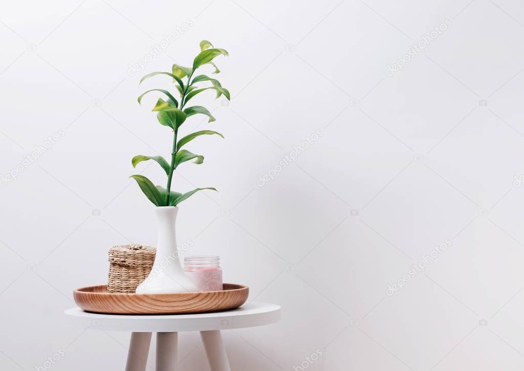 Green plant in the vase, candle and straw box on the small table