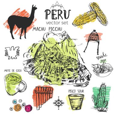 Peru elle çizilmiş simgeler kümesi.
