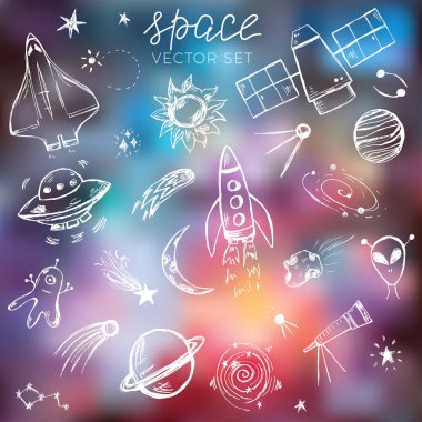 Uzay temalı doodle sette bulanık gökada arka plan 