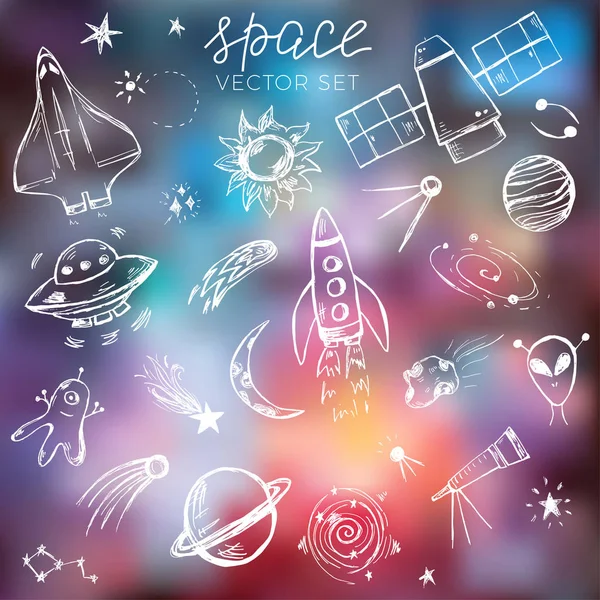 Weltraum-Doodle auf dem verschwommenen Galaxien-Hintergrund — Stockvektor