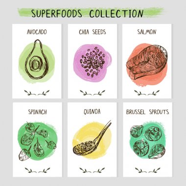 Elle çizilmiş superfoods ile 6 kart şablonları. 