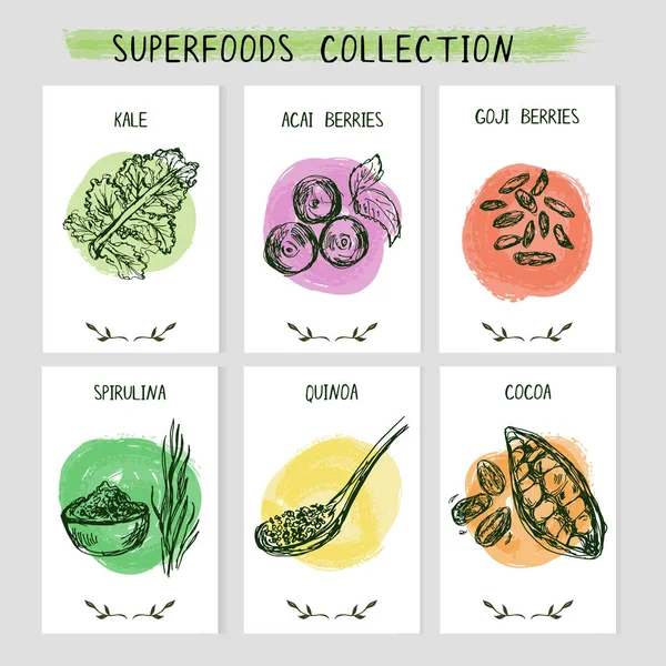 Σετ 6 πρότυπα καρτών με superfoods χέρι. — Διανυσματικό Αρχείο