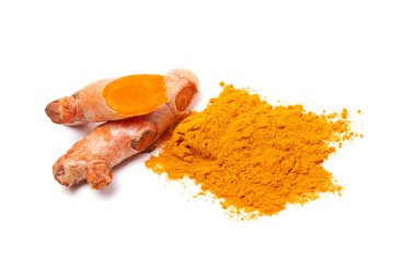 zerdeçal kök ve beyaz arka plan üzerinde izole toz