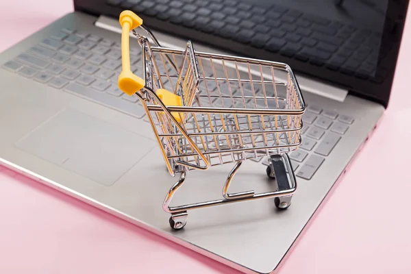 Small shopping trolley standing on the laptop close-up. — ストック写真