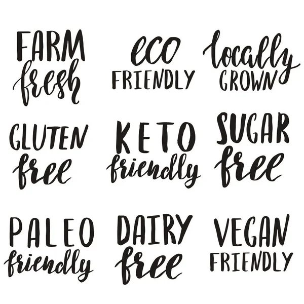 Μοντέρνα γράμματα πινέλου. Βιολογικά, φυσικά, αγροκτήματα φρέσκα, τοπικά καλλιεργούμενα, χωρίς γλουτένη, vegan, keto friendly. — Διανυσματικό Αρχείο
