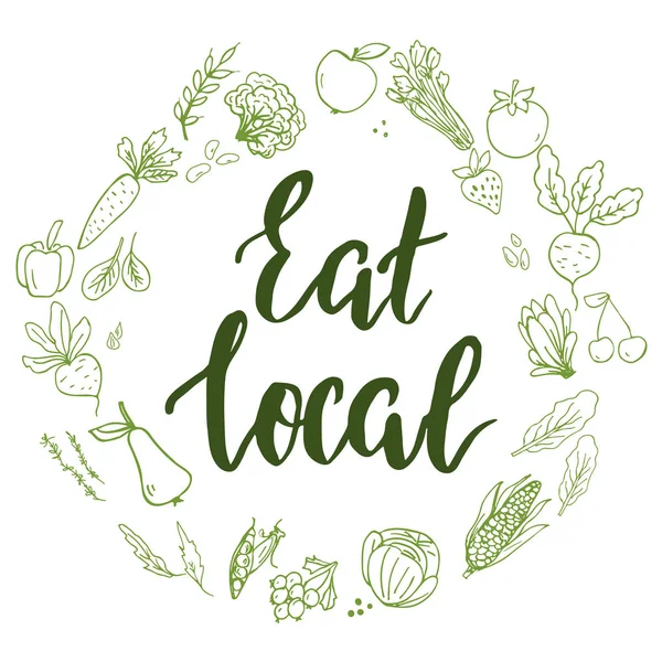 Modelo com texto lettering mão Comer local e doodle estilo mão frutas e legumes desenhados —  Vetores de Stock