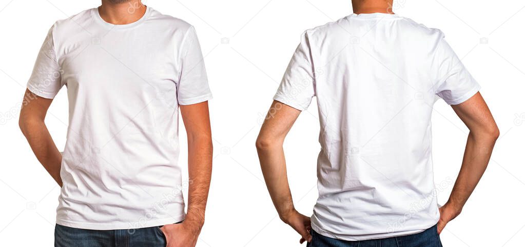 Man wearing white t-shirt isolater on white background.