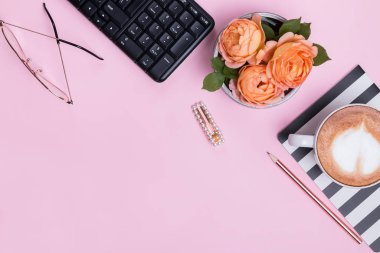 Styled womans workplace, top view