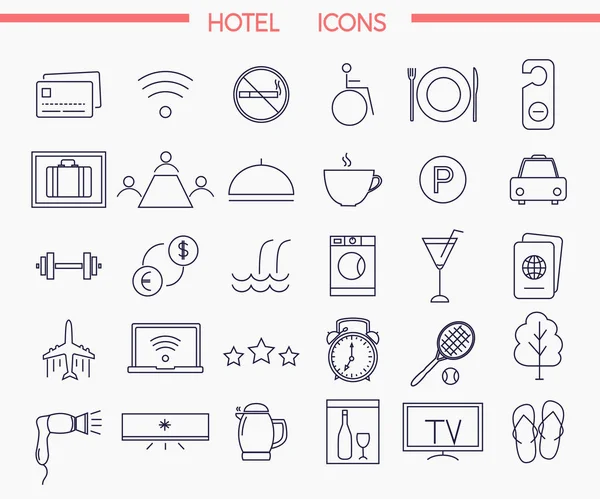 Набор современных иконок тонкой линии для иллюстрации гостиничных услуг и удобств — стоковый вектор