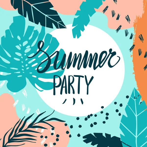 Creative summer card template with hand drawn leaves and strokes. — Stock Vector