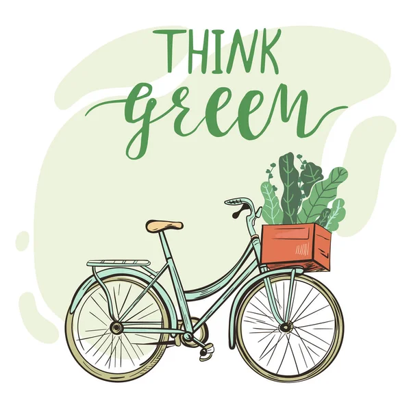 Bicycle with green plants in a basket. Think green. — 스톡 벡터