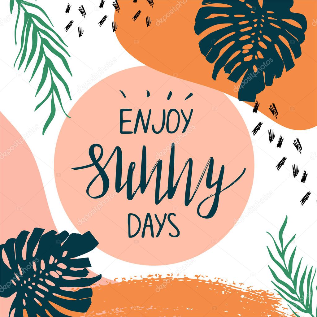 Creative summer card template with hand drawn leaves and strokes.