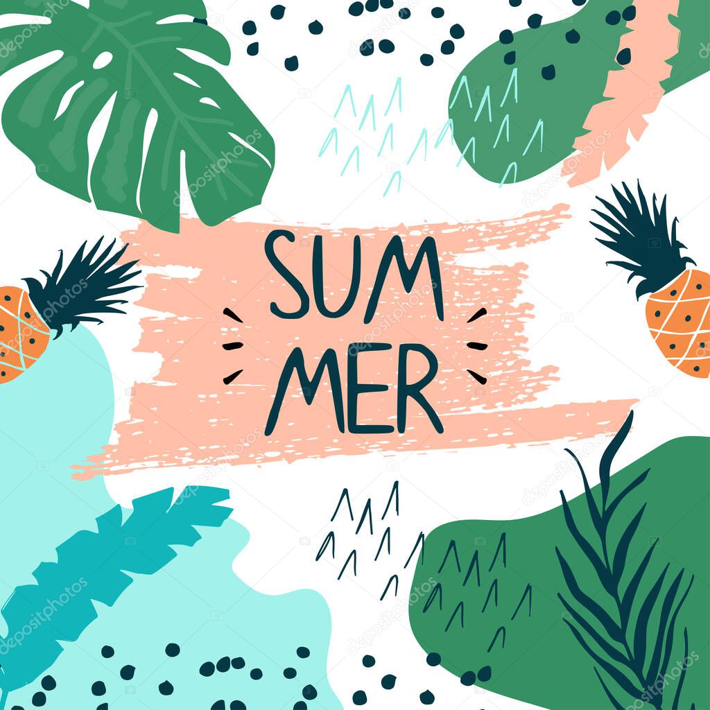Creative summer card template with hand drawn leaves and strokes.