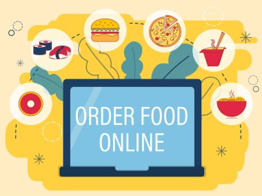 Farklı yemek simgeleriyle dizüstü bilgisayar. Yemek teslimatı konsepti.