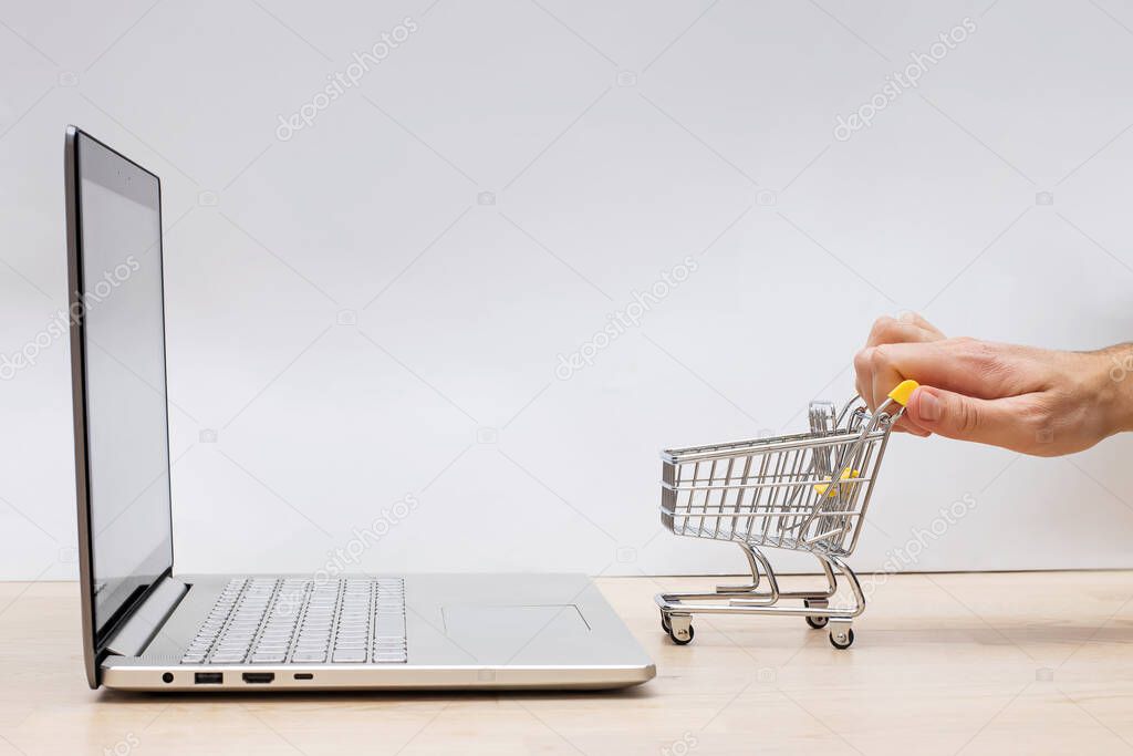 Mans hand holding mini shopping trolley near the opened laptop