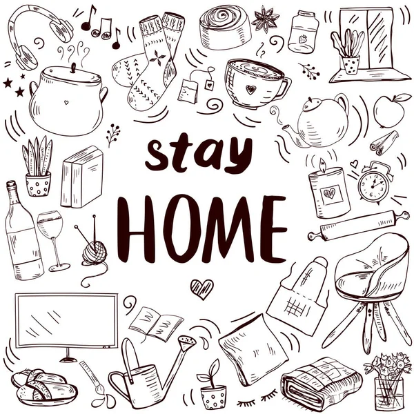 Template with hand drawn doodle style home related objects. Cozy and comfortable — Stock Vector