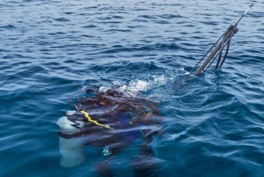scuba diver suyun altında. mavi güzel deniz
