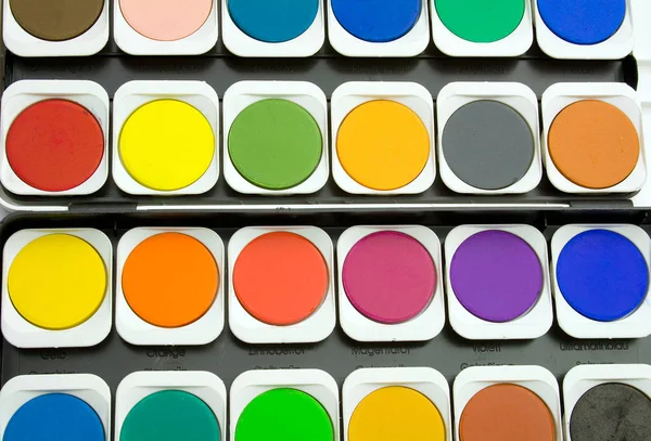 Palet suluboya paintbox arka plan, üstten görünüm — Stok fotoğraf