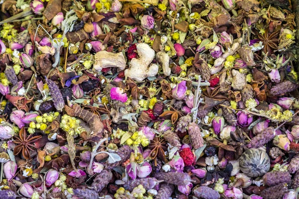 Ayurveda herbal medicine of dried petals of rose — Stock Photo, Image