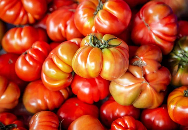 Ripe red tomatoes closeup vegetable background Top view — Stock Photo, Image