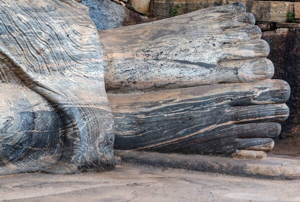 Buddha parinirvana foot in granite rock sculpture at Gal Vihara, Sri Lanka.