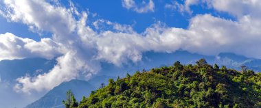 Dağ Tepesi Silueti manzarası. Sis ve ormanla kaplı. Dağlarda gün doğumu ve gün batımı.