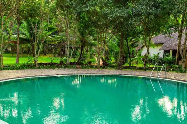 热带放松户外私人游泳池全景海景豪华别墅 放松一下 放松一下 椰子树的轮廓 — 图库照片