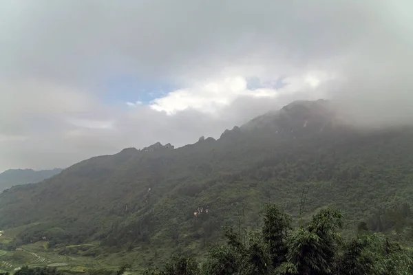Vietnam Berg Achtergrond Bebost Bamboe Plant Heuvels Bij Dageraad Mist — Stockfoto