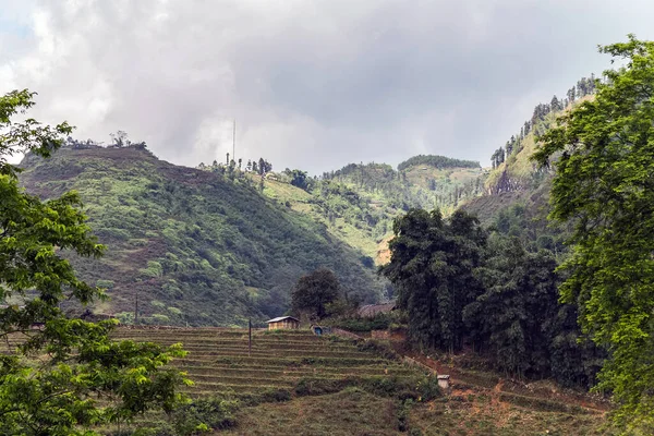 Vietnam Dağları Köy Evi Yeşil Çimenler Mavi Gökyüzü Ile Doğal — Stok fotoğraf