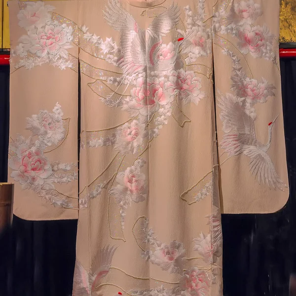 Grúa Aves Mano Dibujar Textil Kimono Japonés Tradicional Patrón Tela —  Fotos de Stock
