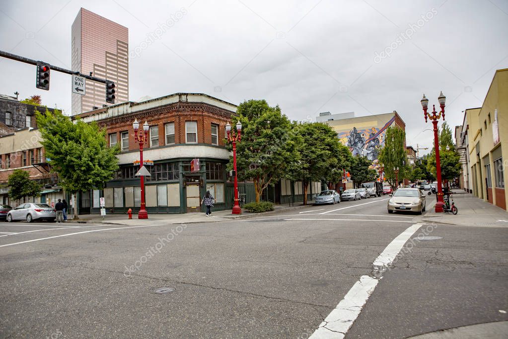 View of Downtown Portland famous streets around Chinatown  