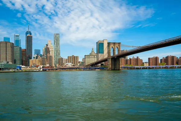 布鲁克林桥和曼哈顿天际线从纽约市布鲁克林桥公园看到 免版税图库图片