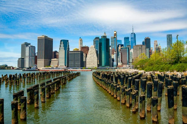 Brooklyn Köprüsü Nden New York City Silueti Stok Resim