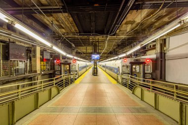 New York Şehri - 10 Mayıs 2020: New York 'taki Coronavirus karantinası sırasında tarihi Grand Central Terminali' nde metro istasyonundaki tren görüntüsü