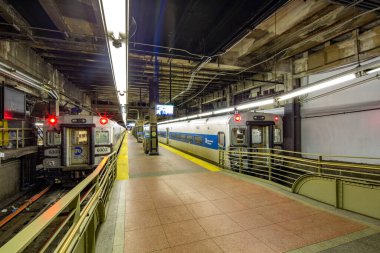 New York Şehri - 10 Mayıs 2020: New York 'taki Coronavirus karantinası sırasında tarihi Grand Central Terminali' nde metro istasyonundaki tren görüntüsü