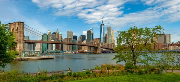 Brooklyn Bridge Manhattan Skyline Desde Brooklyn Bridge Park Nueva York Fotos de stock libres de derechos